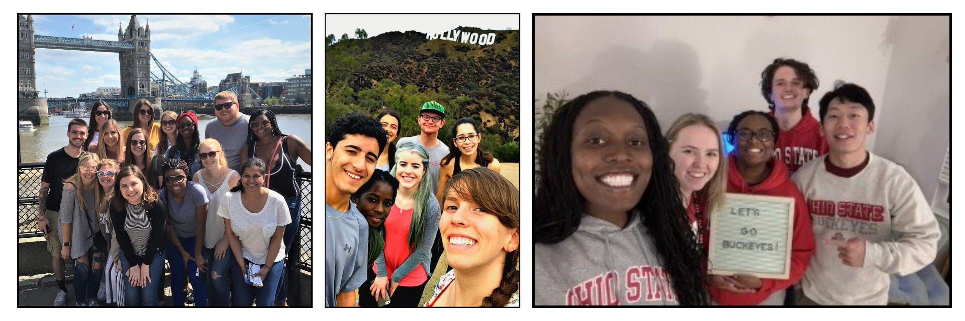 Three images of small groups of MUNDO alumni in Hollywood, Washington DC, and New York City.